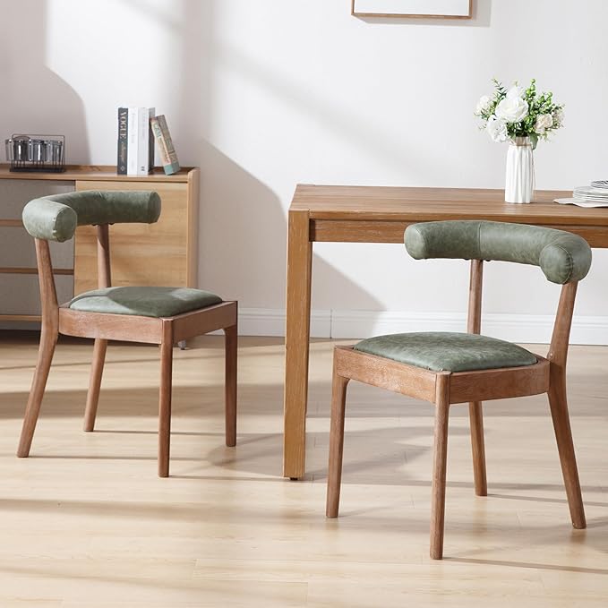 Wood Dining Chairs Set of 4, Mid Century Modern Living Room Chairs with Unique Curved Open Back Comfy Upholstered Side Chair for Kitchen/Restaurant/Reception, Faux Leather Green