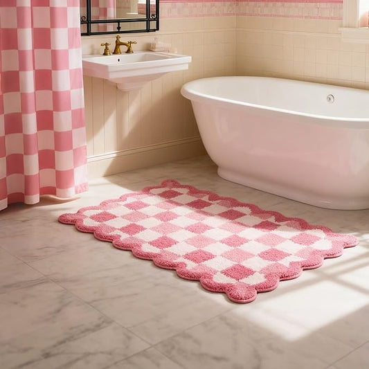 ORTIGIA Cute Pink Checkered Scalloped Bath Mat, Fun Plush Microfiber Bathroom Rugs Non Slip Washable Quick Dry Absorbent, Bath Rug for Shower Stall Vanities Kitchen Floor Entrance, 20x32
