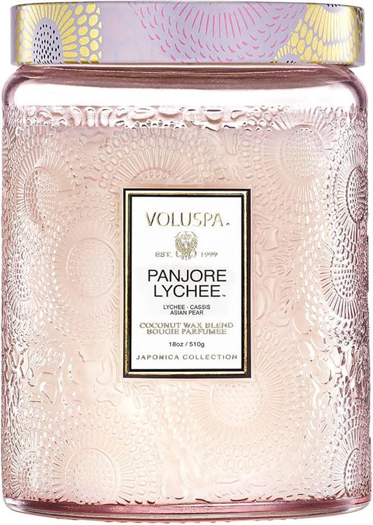 Voluspa Panjore Lychee, Large Candle Jar, 18 oz, 100 Hour Burn Time, Coconut Wax for Clean Burning, Handcrafted in the USA