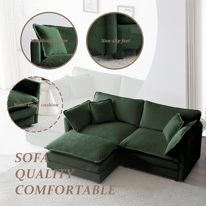 SoarFlash Chenille Sectional Sofa, Comfy L Shaped Modular Coush Sofa with Ottoman, Modern 2 Seat Couch Deep Seat Sofa Set for Living Room,Green