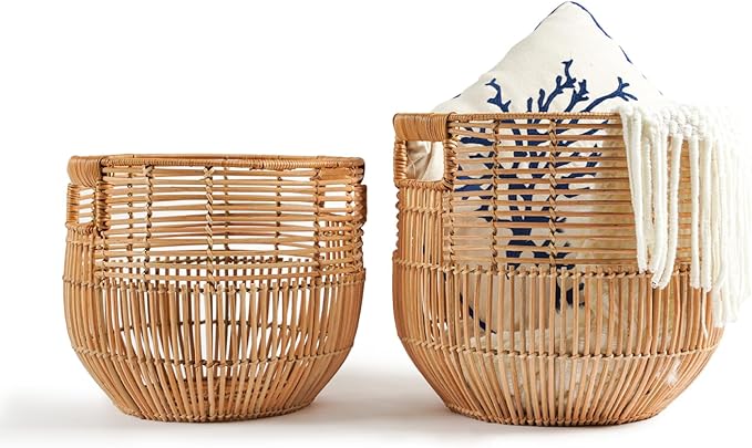 Set Of 2 Large Woven Blanket Baskets With Handles | Round Wicker Rattan Storage Floor Baskets for Shoe In Living Room | Extra Big Boho Rattan Laundry For Pillow, Blanket