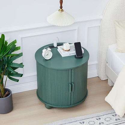 24" Vintage End Table, Nightstands Set of 2, Mid-Century Fluted End Table with Charging Station, Wood Side Table with Storage & Sliding Door for Sofa, Couch, Bed (Round, Green)
