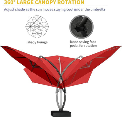 Kingdura 12ft Offset Cantilever Patio Umbrella with Base Included, Large Round Aluminum Outdoor Umbrella, 360° Rotation & Infinite Tilt, Heavy Duty Frame for Deck Pool Backyard, Red