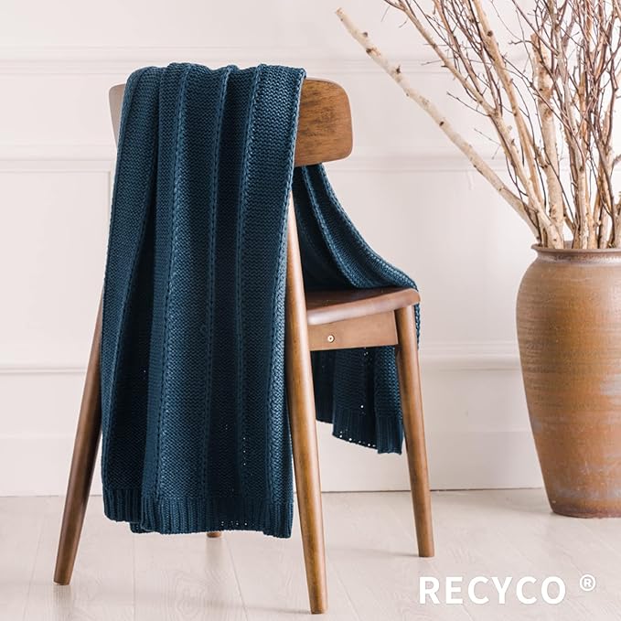 RECYCO Cable Knit Navy Blue Throw Blanket Twin Size, Super Soft Warm Cozy Decorative Knitted Throw Blanket 3.6LB for Large 60"x80"