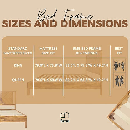 Bme Vivian 14 Inch Deluxe Bed Frame with Headboard, Rustic & Scandinavian Style with Solid Acacia Wood, No Box Spring Needed, 12 Strong Wood Slat Support, Easy Assembly, Queen, Rustic Golden Brown