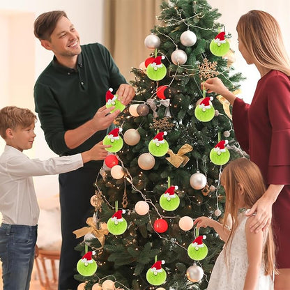 12ct 3.1'' Green Gnome Christmas Ball Ornaments, Soft Faux Fur Pom Pom Decorations with Santa Hat and Snowflake, Hanging Ornaments for Christmas Tree, Mantel, Home & Holiday Decor