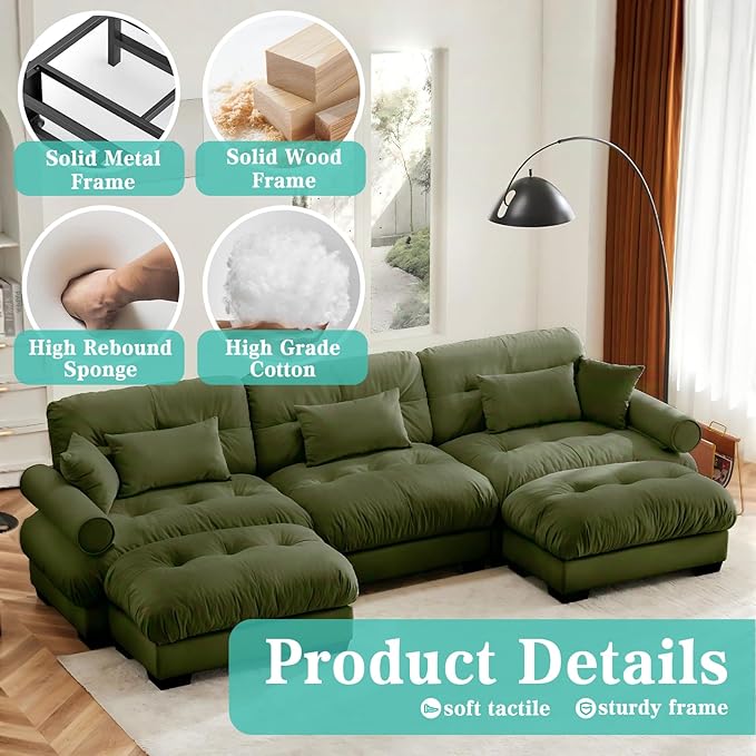 SoarFlash Sectional Sofa Couch, U Shaped Modern Sofa with Solid Wood Legs, Couches Sofas for Living Room Apartment, Comfortable Small Couches for Apartment, Green