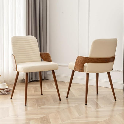 Dining Room Chairs Set of 2,Mid Century Modern Kitchen Chair,Upholstered Faux Leather Chairs,Metal Legs Wooden Desk Chair,Armless and No Wheels for Kitchen Dining,Beige PU