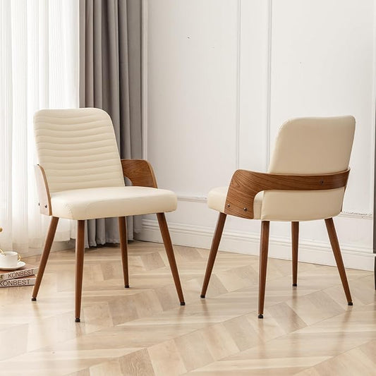 Dining Room Chairs Set of 2,Mid Century Modern Kitchen Chair,Upholstered Faux Leather Chairs,Metal Legs Wooden Desk Chair,Armless and No Wheels for Kitchen Dining,Beige PU