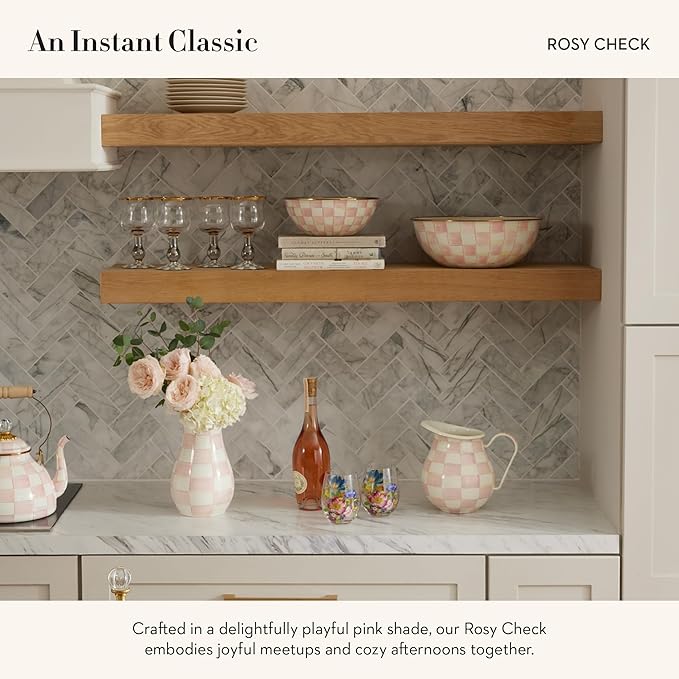 MACKENZIE-CHILDS Tall Enamel Vase, Unique Flower Vase, Bouquet Vase Decor for Living Room, Pink-and-White Rosy Check