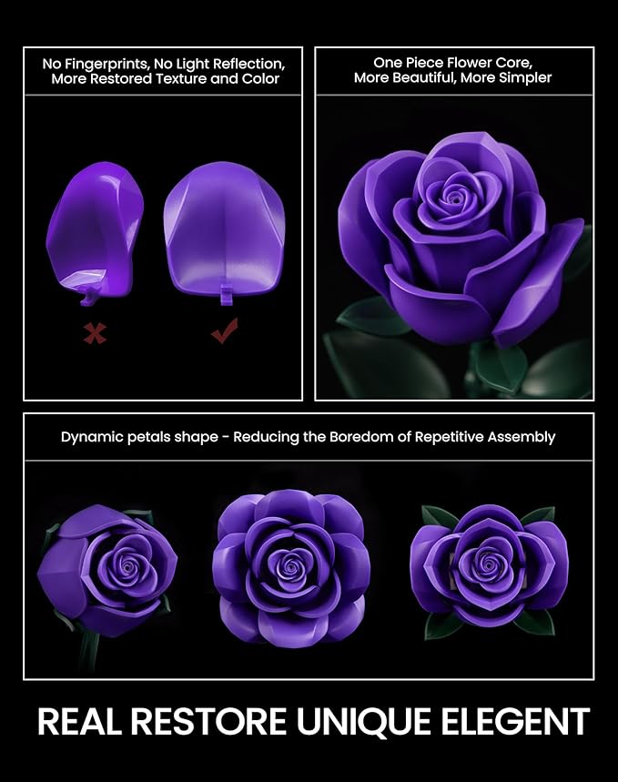 iATOM Purple Rose Bouquet Building Set, Compatible with Lego Flowers for Adults Women, Botanical Collection Gift for Halloween & Valentines Day - Artificial Plant Gothic Home Decor - IA11017