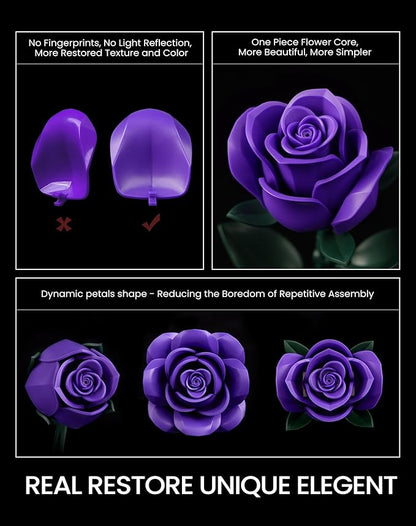 iATOM Purple Rose Bouquet Building Set, Compatible with Lego Flowers for Adults Women, Botanical Collection Gift for Halloween & Valentines Day - Artificial Plant Gothic Home Decor - IA11017
