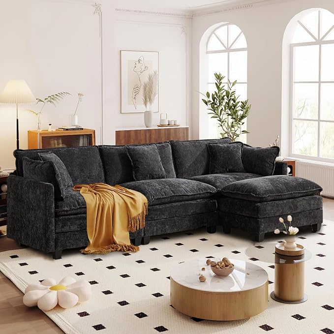 SoarFlash 107.4" Chenille Sectional Sofa, Comfy L Shaped Modular Coush Sofa with Ottoman, Modern 4 Seat Couch Deep Seat Sofa Set for Living Room,Black