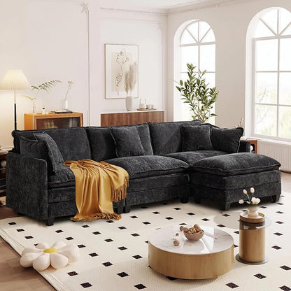 SoarFlash 107.4" Chenille Sectional Sofa, Comfy L Shaped Modular Coush Sofa with Ottoman, Modern 4 Seat Couch Deep Seat Sofa Set for Living Room,Black