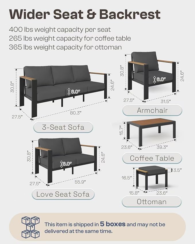 Aluminum Outdoor Patio Furniture Set with Table, 7 Piece Patio Conversation Sets with Thick Cushion, Ottomans, Outdoor Seating Sectional Furniture Set for Porch, Balcony, Deck, Yard, Graphite