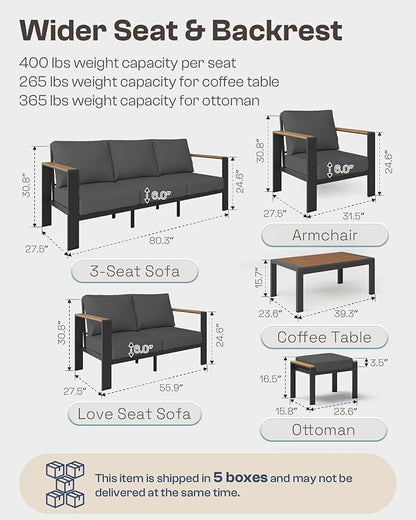 Aluminum Outdoor Patio Furniture Set with Table, 7 Piece Patio Conversation Sets with Thick Cushion, Ottomans, Outdoor Seating Sectional Furniture Set for Porch, Balcony, Deck, Yard, Graphite