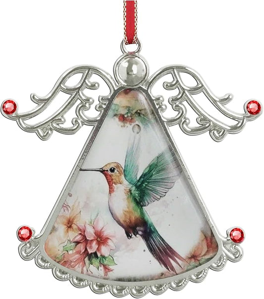 XUTAI Lovely Hummingbird and Pink Flowers Angel Christmas Tree Ornaments Pink Flower Christmas Ornament Glass Christmas Hanging Angel Glass Pendant for Holiday Decoration