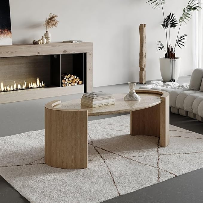 homary 43" Japandi Oval Travertine Stone Top Coffee Table – Double Pedestal Oval Coffee Table with Natural Beige Stone Surface and Engineered Wood Base for Living Room and Lounge
