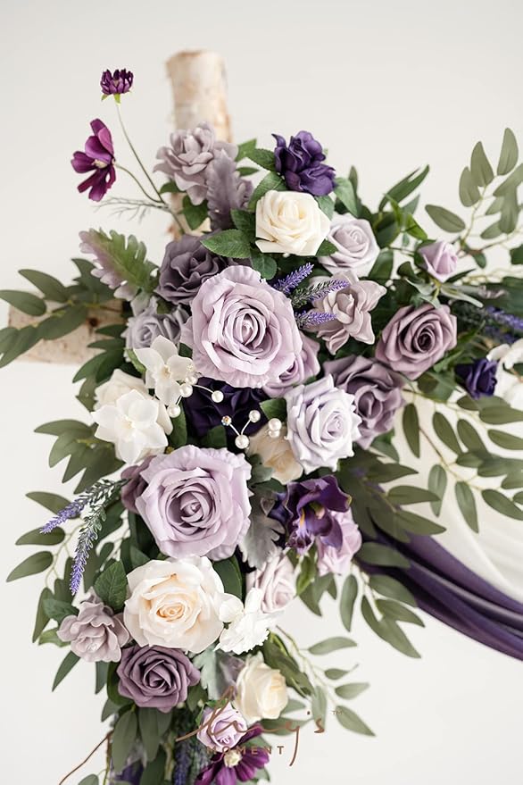Ling's moment Purple Lilac Artificial Wedding Arch Flowers Kit Pack of 4, 2pcs Hanging Flower Arrangement 2pcs Chiffon Drapes Ceremony Reception Fake Rose Arbor Backdrop Floral Party Outdoor Decor