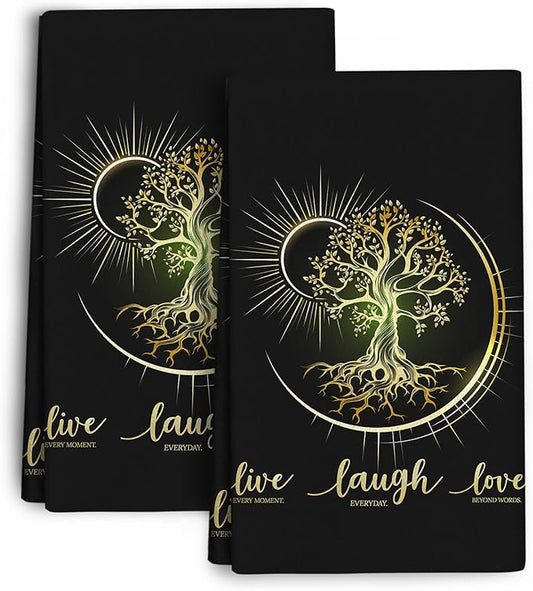Live Laugh Love Kitchen Towels Set of 2 Absorbent Tree Life Hippie Witchy Aesthetic Cute Moon Dish Towels Tabletop Decor