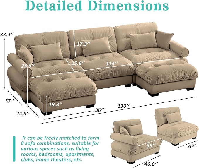 SoarFlash Sectional Sofa Couch, U Shaped Modern Sofa with Solid Wood Legs, Couches Sofas for Living Room Apartment, Comfortable Small Couches for Apartment, Brown