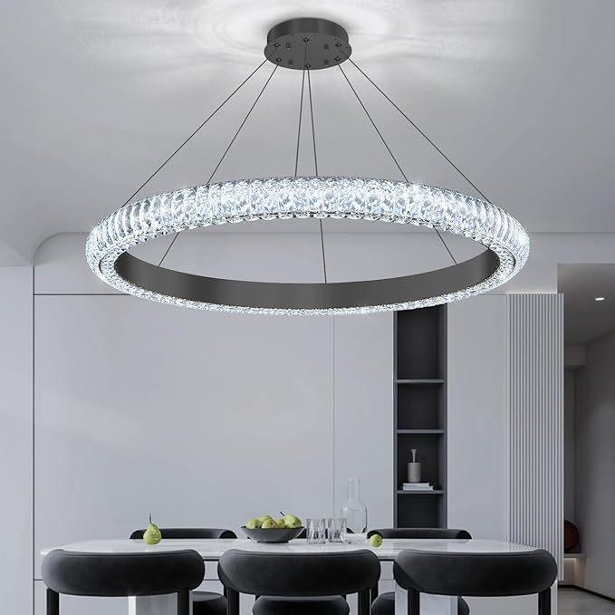 32" 1 Ring Crystal Chandelier Modern LED Dimmable Ring Pendant Light Chandelier for Dining Room Living Room Black