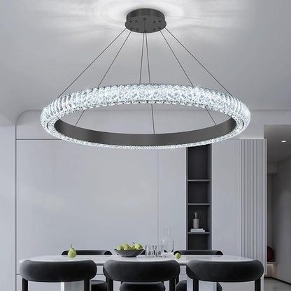 32" 1 Ring Crystal Chandelier Modern LED Dimmable Ring Pendant Light Chandelier for Dining Room Living Room Black