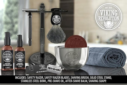 Viking Revolution Luxury Safety Razor Shaving Kit - Includes Double Edge Safety Razor, Stand, After-Shave Balm, Pre-Shave Oil, Badger Brush - Safety Razor Kit