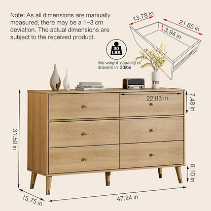 6 Drawer 47" Wide Mid Century Modern Chest of Drawers, Woody