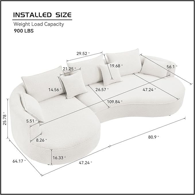 128'' Modern Curved Cloud Sofa Luxury Living Room 5 Seater Combo Sofa Cloud Curve Design Mid Century Upholstered Sofa with Ottoman for Living Room Bedroom Apartment (Boucle+Right Facing, White)