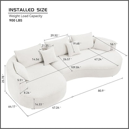 128'' Modern Curved Cloud Sofa Luxury Living Room 5 Seater Combo Sofa Cloud Curve Design Mid Century Upholstered Sofa with Ottoman for Living Room Bedroom Apartment (Boucle+Right Facing, White)