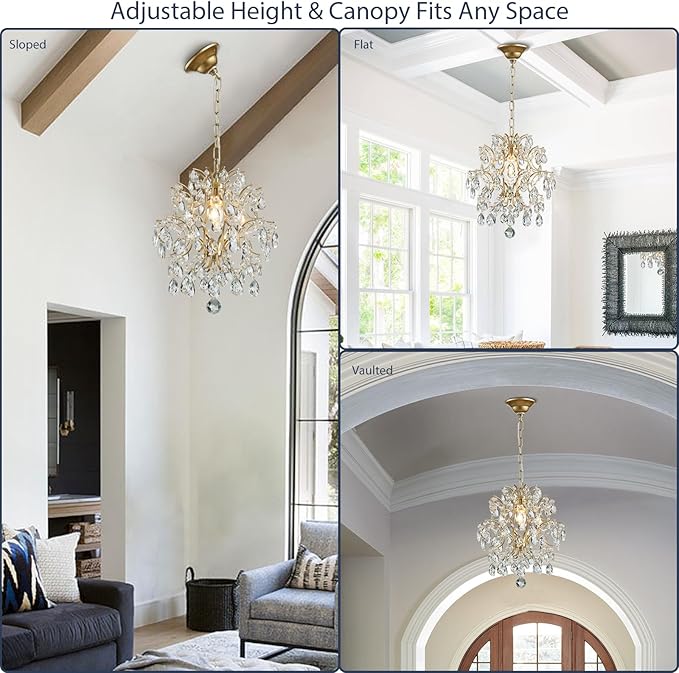 Bestier Gold Modern Pendant Chandelier Crystal Raindrop Lighting Ceiling Light Fixture Lamp for Dining Room Bathroom Bedroom Livingroom entryway 1 E26 Bulbs Required D13 in x H16 in