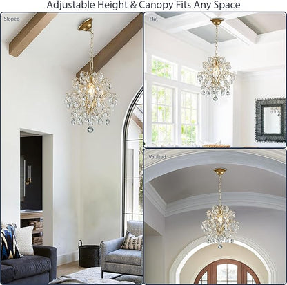 Bestier Gold Modern Pendant Chandelier Crystal Raindrop Lighting Ceiling Light Fixture Lamp for Dining Room Bathroom Bedroom Livingroom entryway 1 E26 Bulbs Required D13 in x H16 in