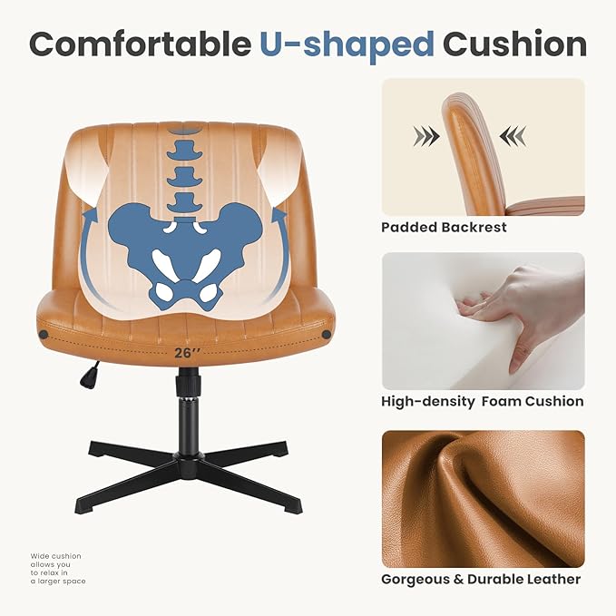 DUMOS Desk Chair No Wheels, Criss Cross Chair Wide Cross Legged Desk Vanity Chair, PU Leather Armless Adjustable Swivel Chairs for Home Computer Task Brwon