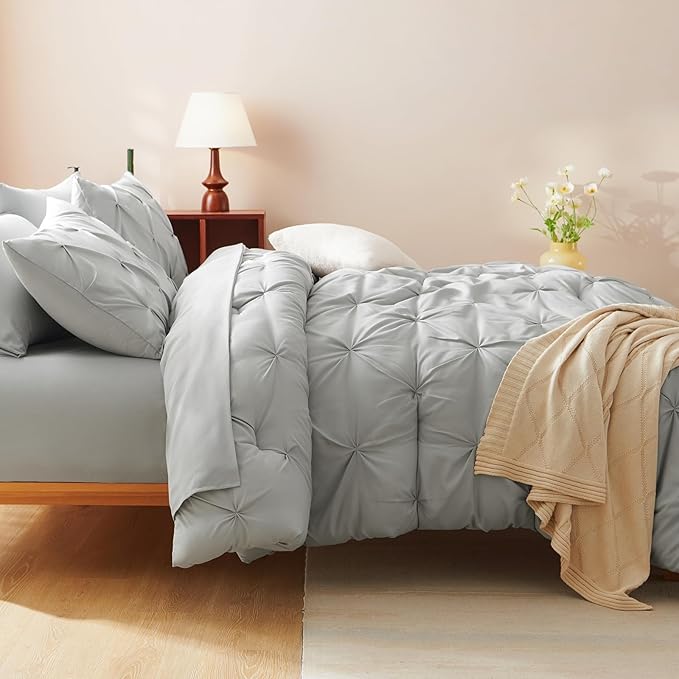 CozyLux Twin XL Comforter Set Light Grey, 5 Pieces Twin Extra Long Pintuck Bed in A Bag for College Dorm, Pinch Pleat Bedding Set with Comforter, Sheets, Pillowcase & Sham