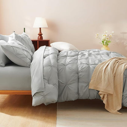 CozyLux Twin XL Comforter Set Light Grey, 5 Pieces Twin Extra Long Pintuck Bed in A Bag for College Dorm, Pinch Pleat Bedding Set with Comforter, Sheets, Pillowcase & Sham