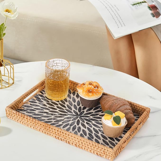 Rectangle Rattan Tray with Mother of Pearl Inlay, Rattan Serving Tray with Handle for Coffee, Bread, Fruits, Snacks, Decorative Wicker Tray for Table Decor (Rectangle Dark Blue Leaf, 13"×9")