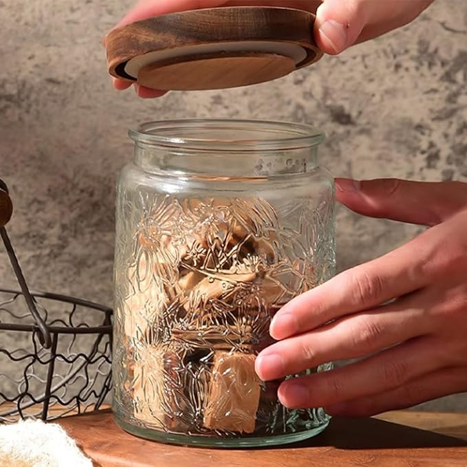 Vintage Glass Jars with Wooden Lids, 24 oz Airtight Glass Food Storage Containers Sets for the Kitchen, Sugar Coffee Tea Cookie Candy Spice Pasta