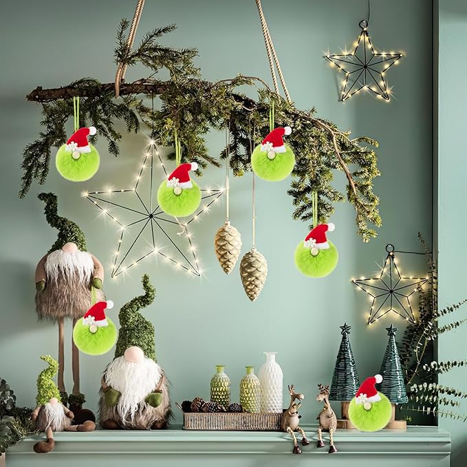 12ct 3.1'' Green Gnome Christmas Ball Ornaments, Soft Faux Fur Pom Pom Decorations with Santa Hat and Snowflake, Hanging Ornaments for Christmas Tree, Mantel, Home & Holiday Decor