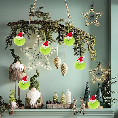 12ct 3.1'' Green Gnome Christmas Ball Ornaments, Soft Faux Fur Pom Pom Decorations with Santa Hat and Snowflake, Hanging Ornaments for Christmas Tree, Mantel, Home & Holiday Decor