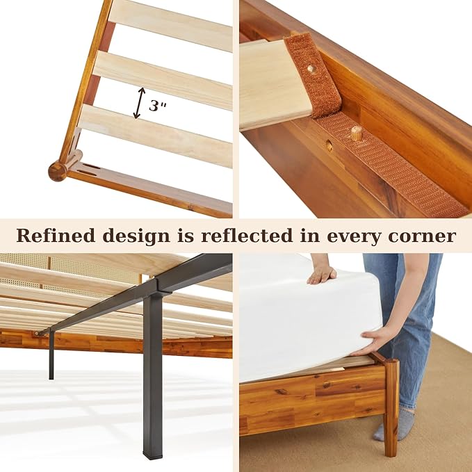 Bme Oliver Headboard Queen Size Bed Frame - 15-Inch Signature Design with Rattan Headboard, Bohemian and Mid Century Style, 12-Slat Wood Support, No Box Spring Needed - Easy Assembly, Caramel