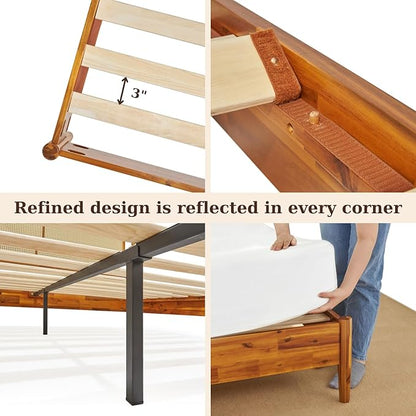 Bme Oliver Headboard Queen Size Bed Frame - 15-Inch Signature Design with Rattan Headboard, Bohemian and Mid Century Style, 12-Slat Wood Support, No Box Spring Needed - Easy Assembly, Caramel