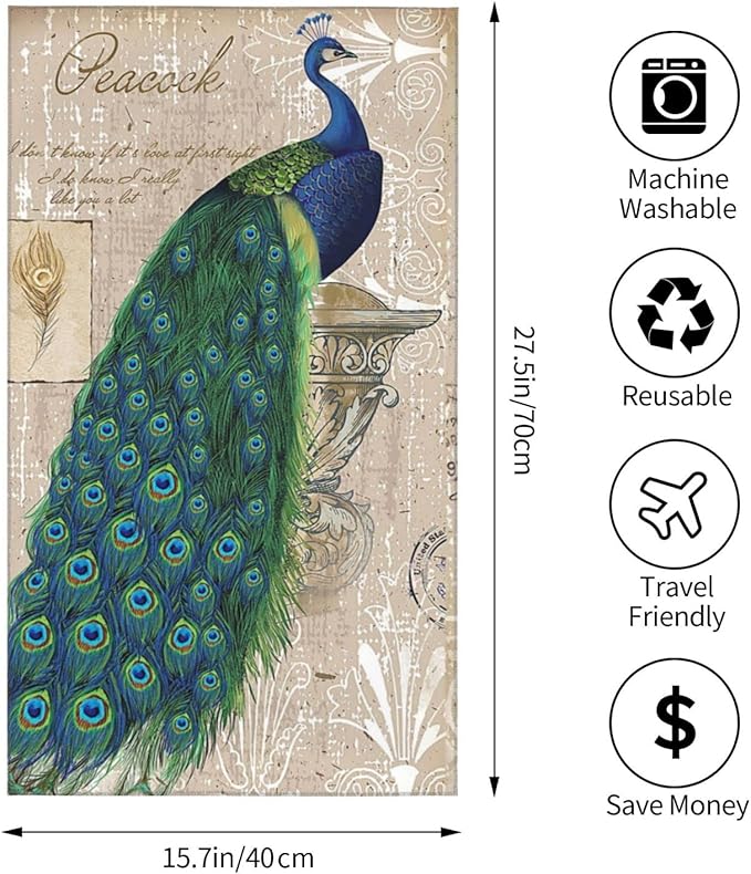Peacock Hand Towels Set of 2 Absorbent 15.7x27.5 Kitchen Guest Towels Farmhouse Teal Blue Peacock