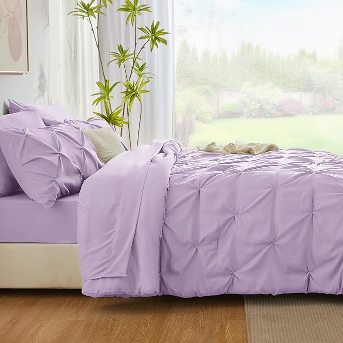 CozyLux Queen Comforter Set Lavender, 7 Pieces Pintuck Bed in A Bag, Premium Light Purple Comforter Queen Size, Pinch Pleat Bedding Sets with Comforter, Sheets, Pillowcases & Shams