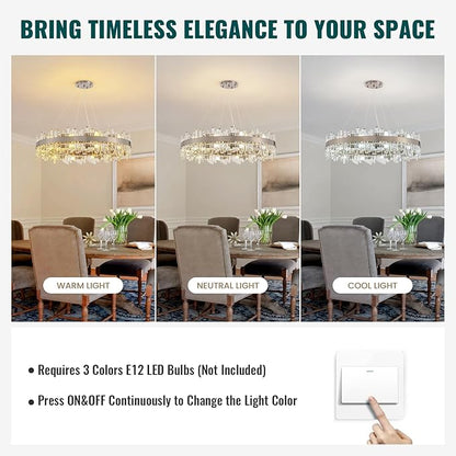 Siljoy 39.4'' Modern Crystal Chandelier, Luxury Large Nickel 2-Tiers Raindrop Chandelier, Adjustable Flush Mount Pendant Ceiling Light for Living Dining Room Foyer Entryway E12 x 20