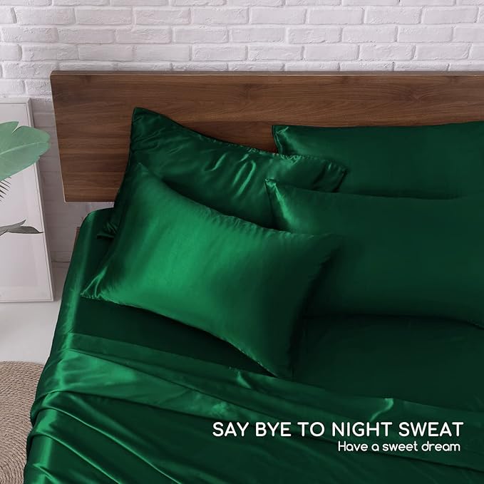 MR&HM Satin Bed Sheets, King Size Sheets Set, 6 Pcs Silky Bedding Set with 15 Inches Deep Pocket for Mattress (King, Dark Green)