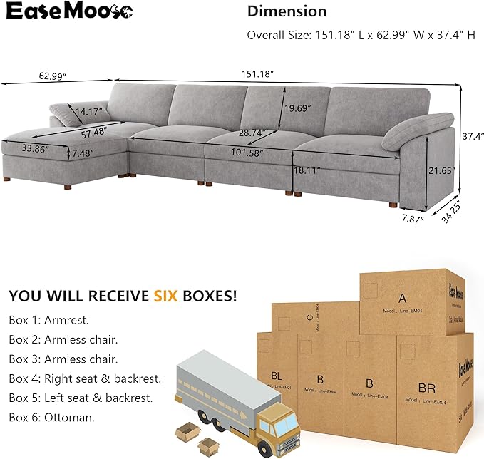 EASE MOOSE Extra Large Modular Sectional Sofa, Modern Oversized L Shape Sectional Couch,Comfty Deep Seat Chenille Modular Sofa with Ottoman, Light Gray