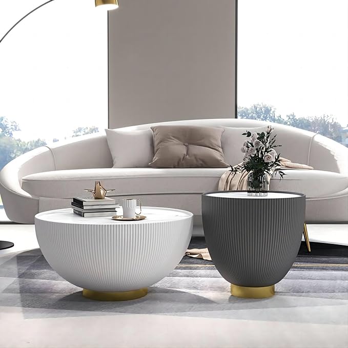 homary 2-Piece Round Coffee Table Set with Sintered Stone Top, Stainless Steel Base PU Leather Upholstery, Modern Drum-Shaped Coffee Table for Living Room