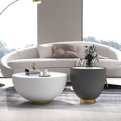 homary 2-Piece Round Coffee Table Set with Sintered Stone Top, Stainless Steel Base PU Leather Upholstery, Modern Drum-Shaped Coffee Table for Living Room