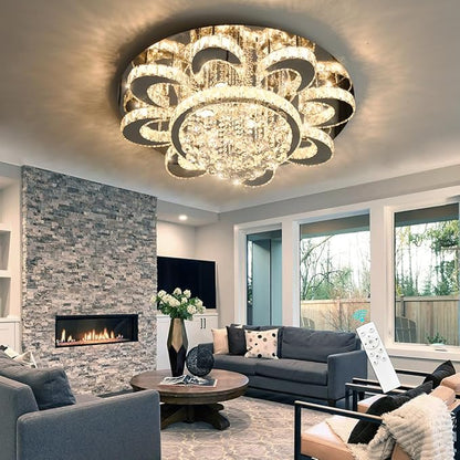 Modern Chandelier Living Room Glam Chandeliers Ceiling Light Fixture Remote Dimmable Lights 32 Inches Luxury Crystal Silver Light